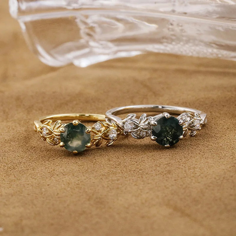Emotional Factory 925 Sterling Silver 14K Gold Plated Gemstone Retro Cz Zircon Star Moss Agate Ring