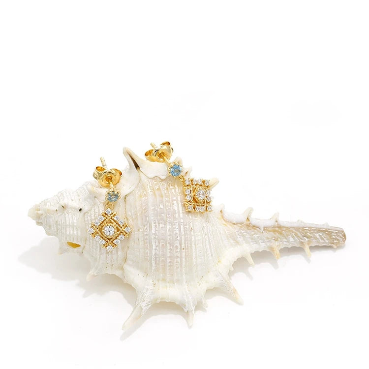 925 Sterling Silver 14K Gold Plated Gemstone Natural Topaz Pendant Geometry Earrings