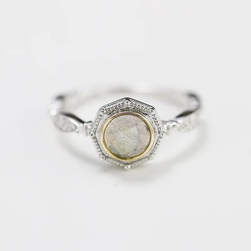 Emotional Bijoux Factory 925 Sterling Silver 14K Gold Plated Gemstone Retro Fashion Geometric Circle Labradorite Ring