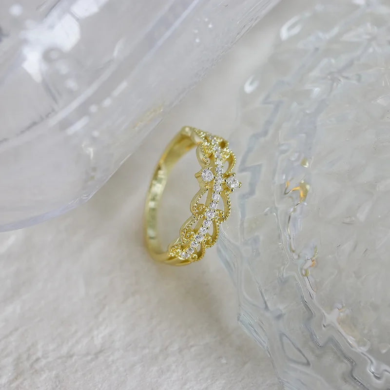 Emotional Factory 925 Sterling Silver 14K Gold Plated Cz Zircon Lace Hollow Ring