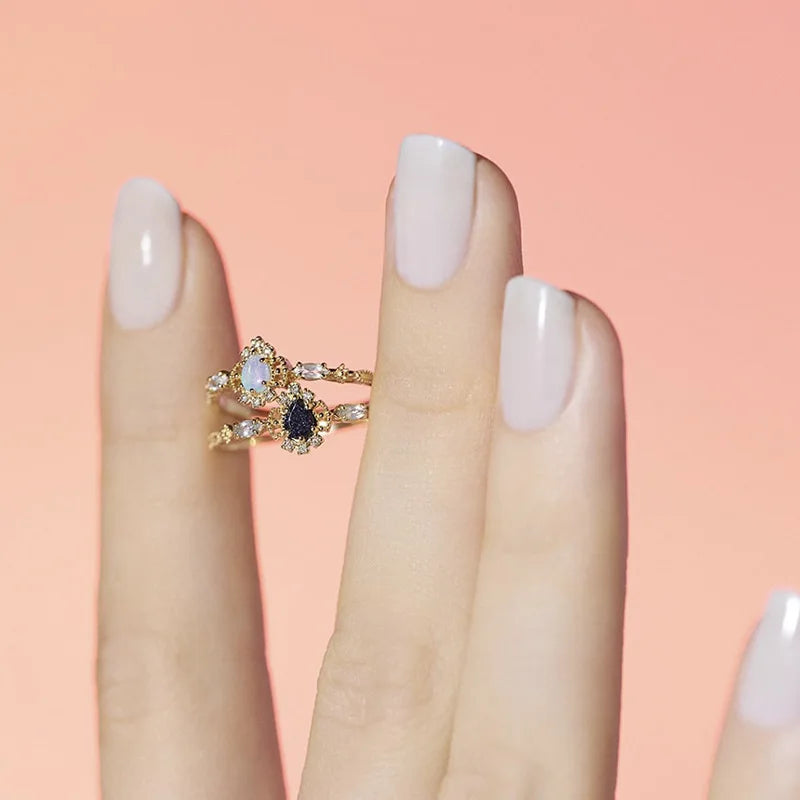 Emotional Factory 925 Sterling Silver 14K Gold Plated Gemstone Retro Cz Zircon Flower Aventurine Natural Australia Opal Ring