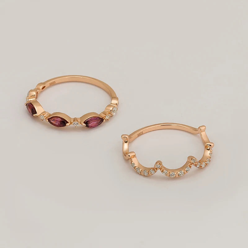 14K Gold Plated Sterling Silver Ring Set With Purplish Red Garnet Japanese Light Luxury Style