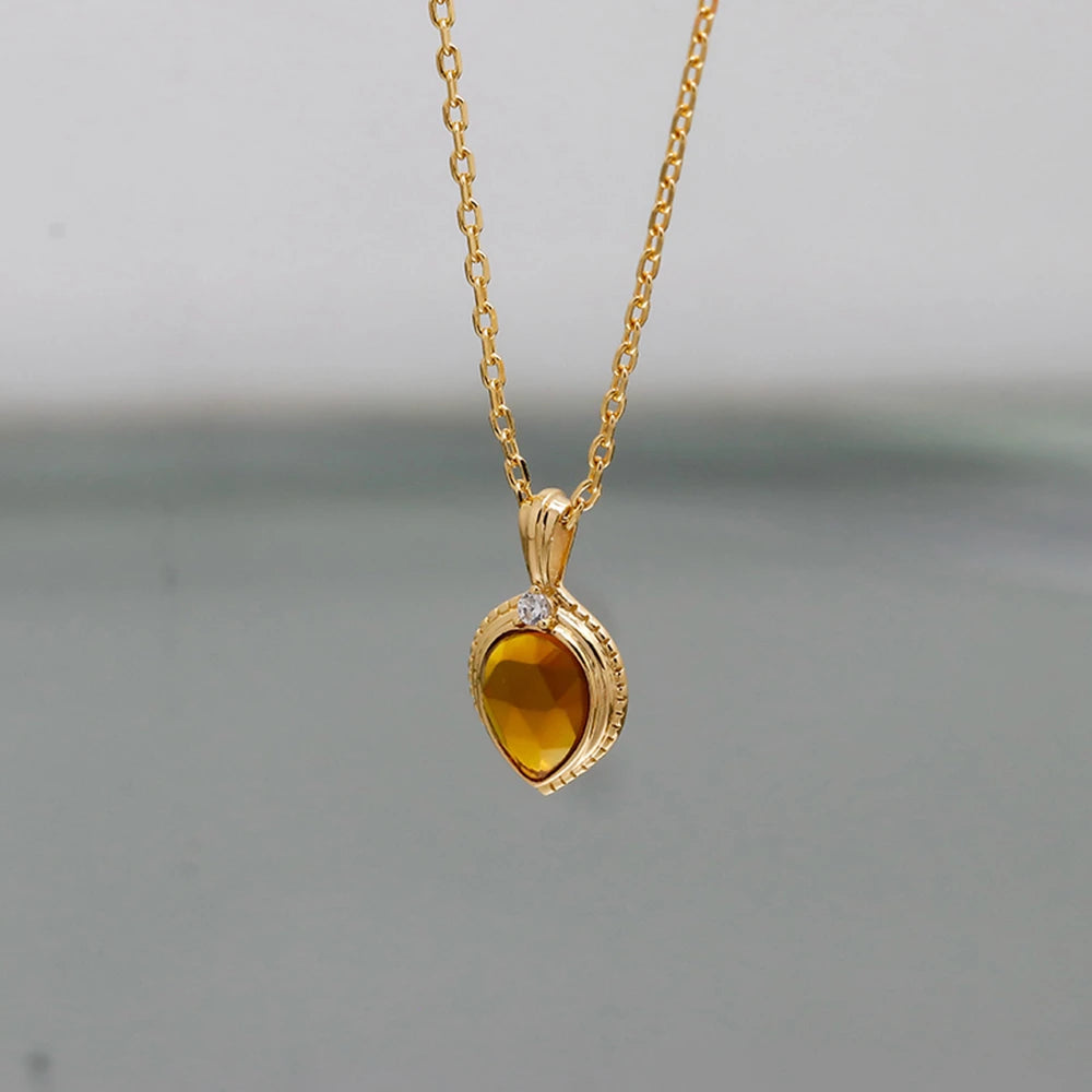 925 Sterling Silver 14K Gold Plated Gemstone Time Drop Cz Zircon Synthetic Amber Necklace