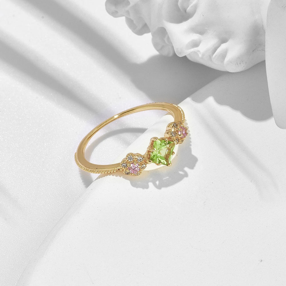 Emotional Factory 925 Sterling Silver 14K Gold Plated Gemstone Series Zircon Flowers Small Fresh Peridot Ring