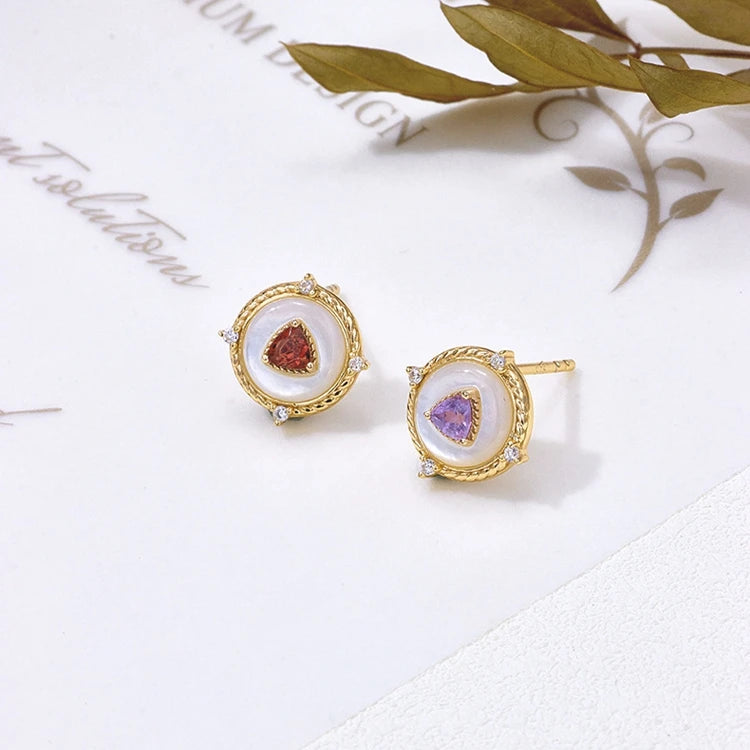 Emotional Factory 925 Sterling Silver 14K Gold Plated Gemstone Evil Eyes Red Garnet Amethyst Earrings