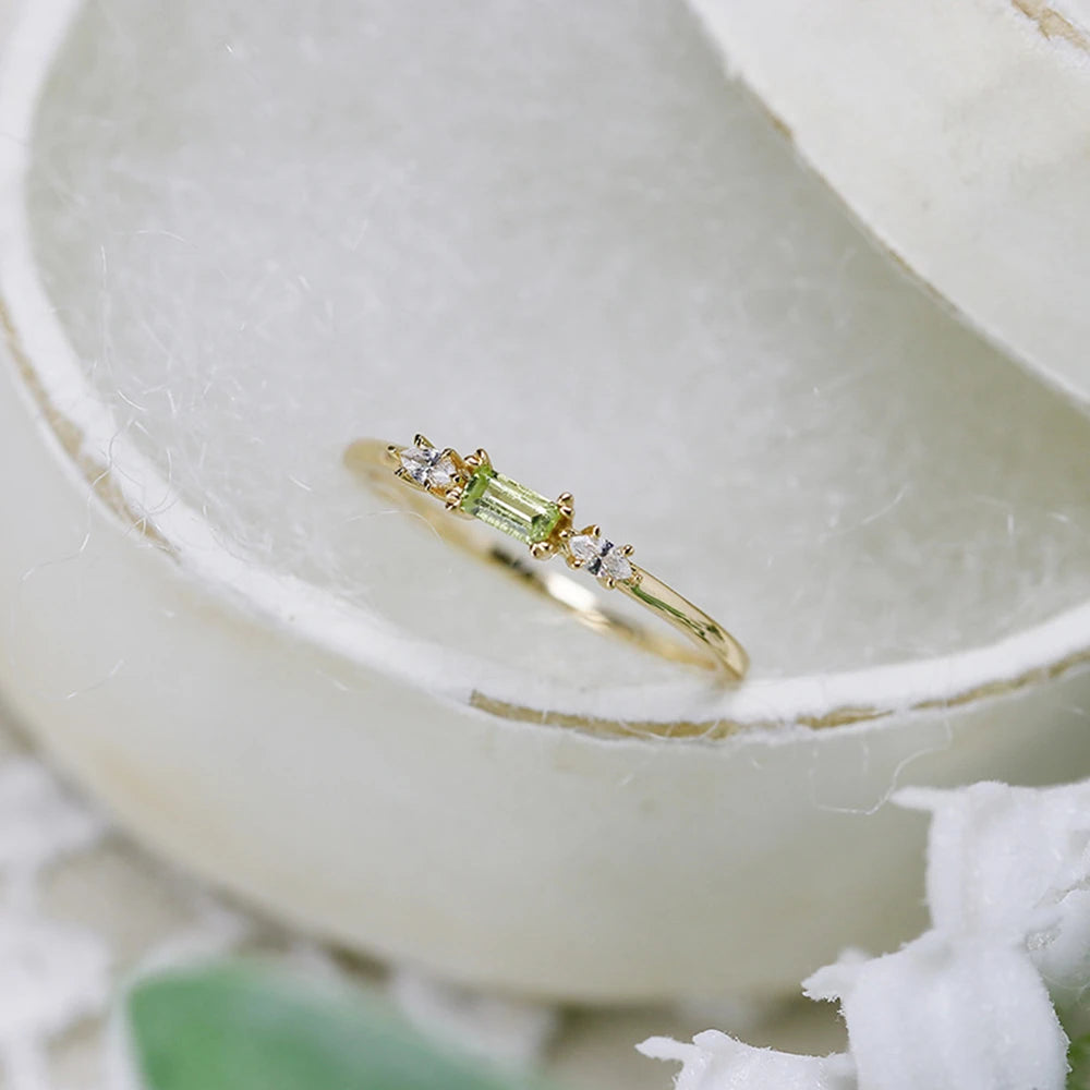 Joyeria Al Por Mayor Factory 925 Sterling Silver Gold Plated Gemstone Cz Zircon Geometric Rectangular Stone Green Peridot Ring