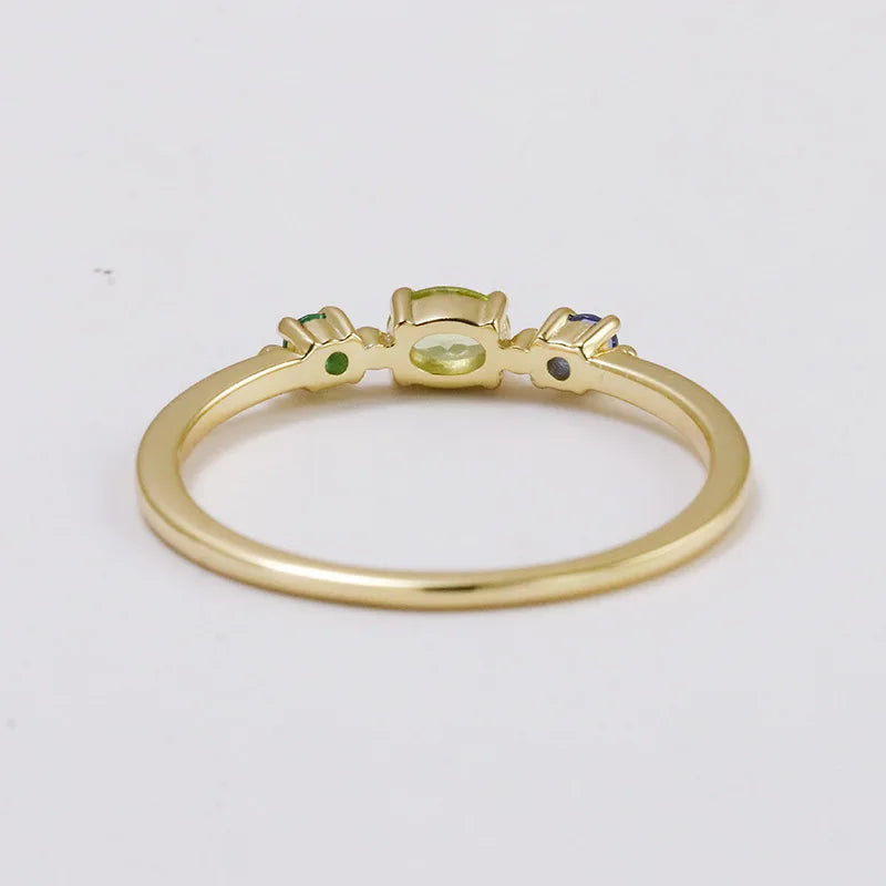 Emotional Factory 925 Sterling Silver 14K Gold Plated Gemstone Blue Green Nano-Stone Geometric Peridot 3 Stone Ring