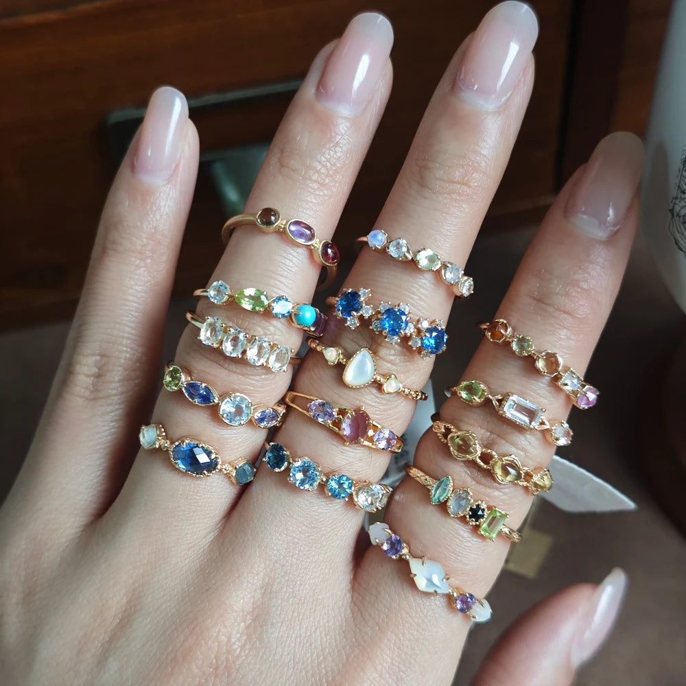 Hot Bague Emotional 925 Sterling Silver Gold Jewelry Gemstone Fashion Rings Beads Topaz Garnet Turquoise Spinel Amber Ring