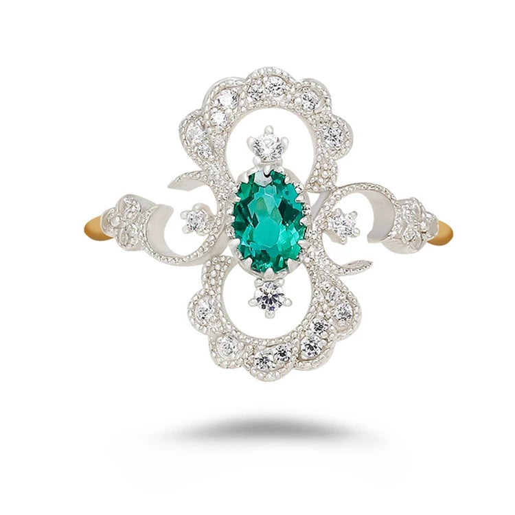 Emotional Factory 925 Sterling Silver 14K Gold Plated Gem Stone Gemstone Cz Zircon Flower Cultured Emerald Ring