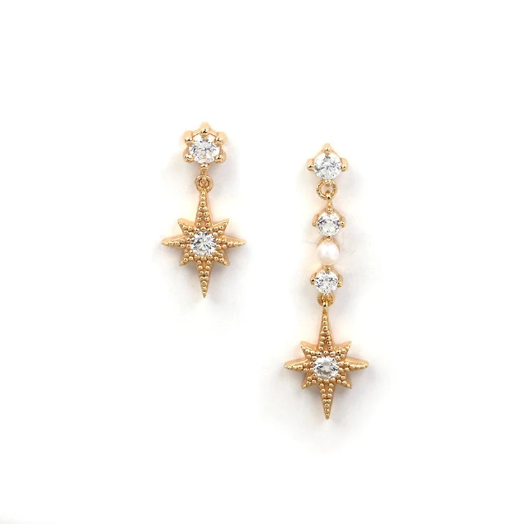 Emotional Factory 925 Sterling Silver 14K Gold Plated Gemstone 8 Mansard Pearl Zircon Long and Short Earrings