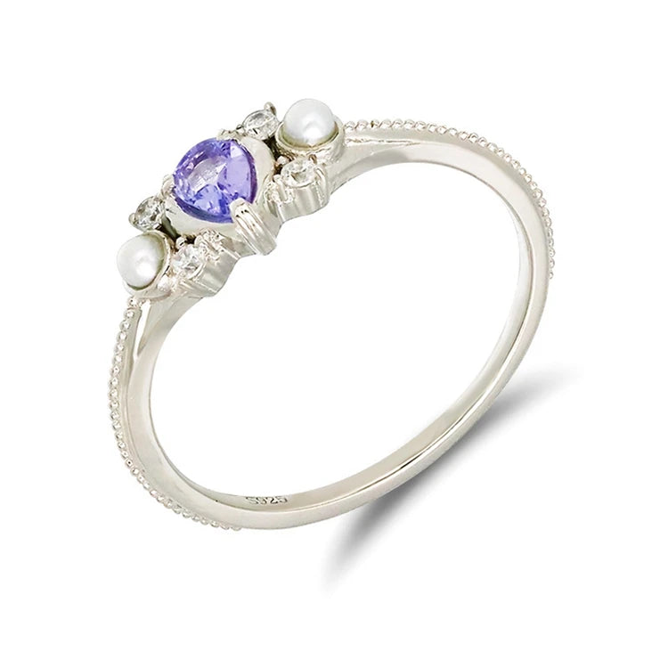 Emotional Factory 925 Sterling Silver 14K Gold Plated Gem Stone Gemstone Summer Tanzanite Freshwater Pearl Ring