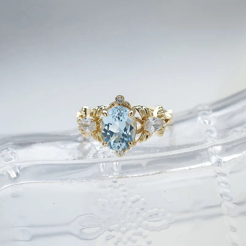 Emotional Factory 925 Sterling Silver 14K Gold Plated Gemstone Cz Zircon Natural Blue Topaz Female Butterfly Ring