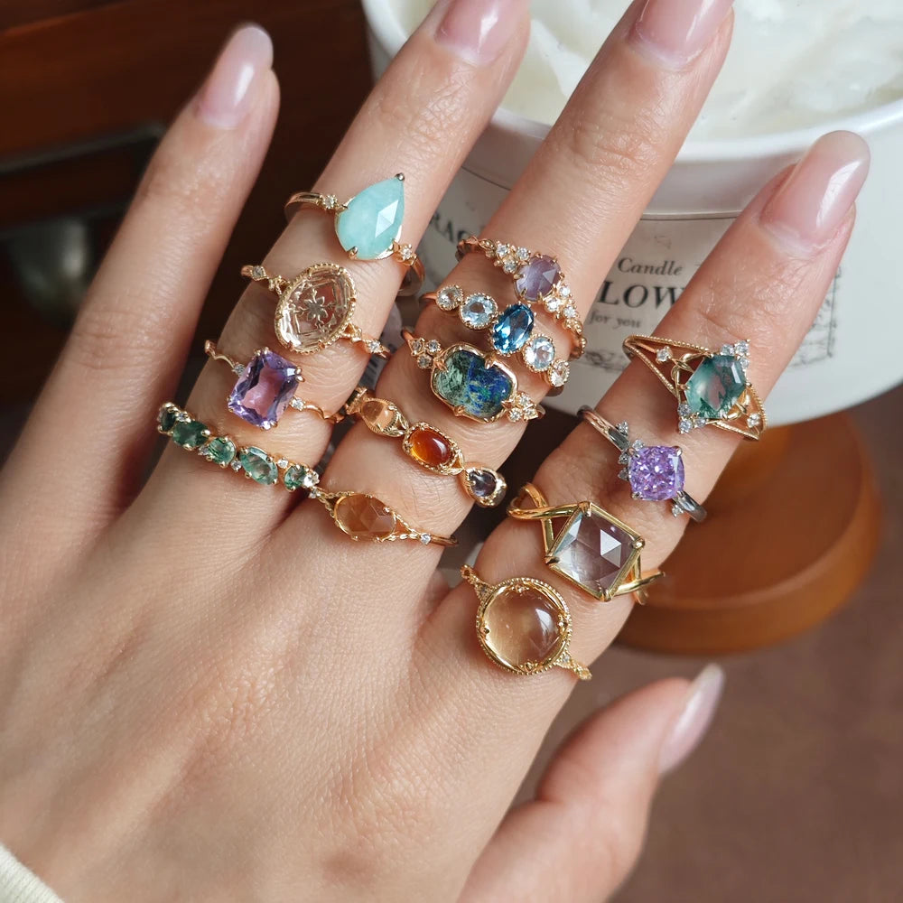 925 Sterling Silver Gold Jewelry Gemstone Wedding Rings Minimalist Opal Lapis Lazuli Quartz Agate Aventurine Ring Schmuck