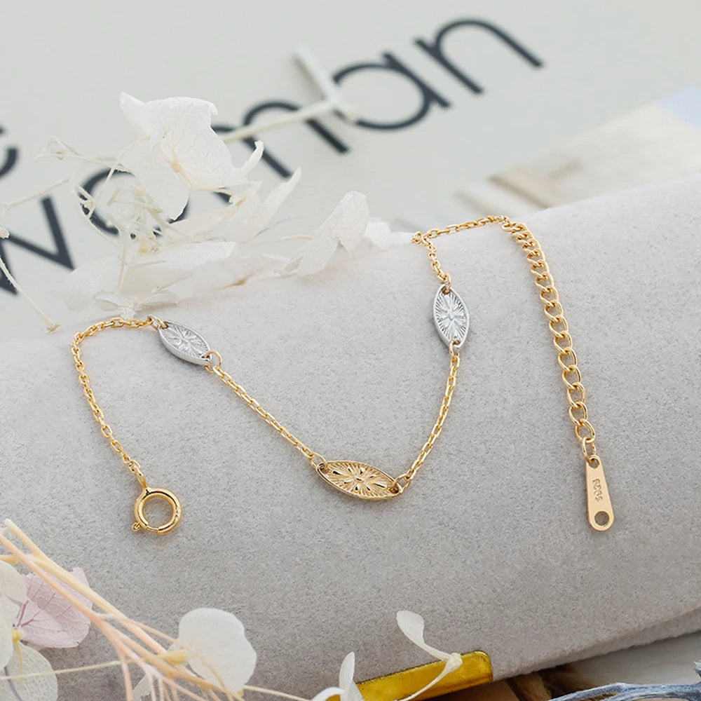 Pulseras Religiosas 925 Sterling Silver 14K Gold Plated Gem Stone Gemstone Carving Two Colour Leaves Adjustable Chain Bracelet