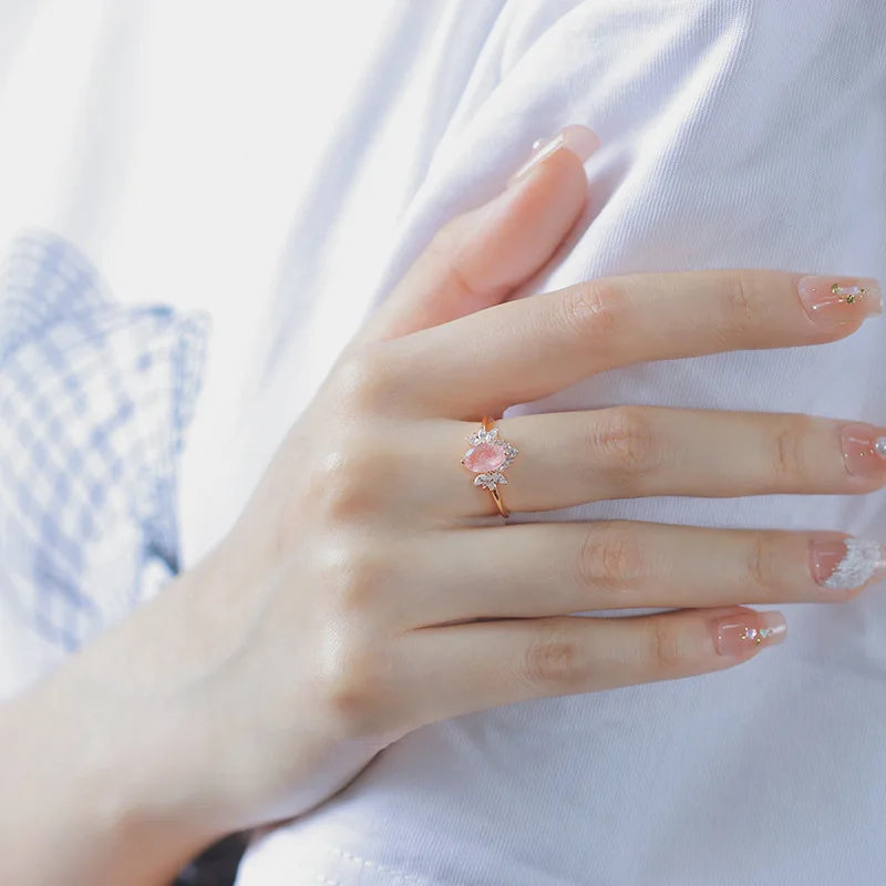Thin Circle Butterfly Shape Pink Strawberry Crystal Ring