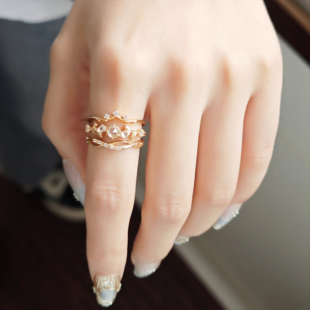 Emotional Factory 925 Sterling Silver 14K Gold Plated Gem Stone Gemstone Rose Flower White Topaz Rock Crystal Ring