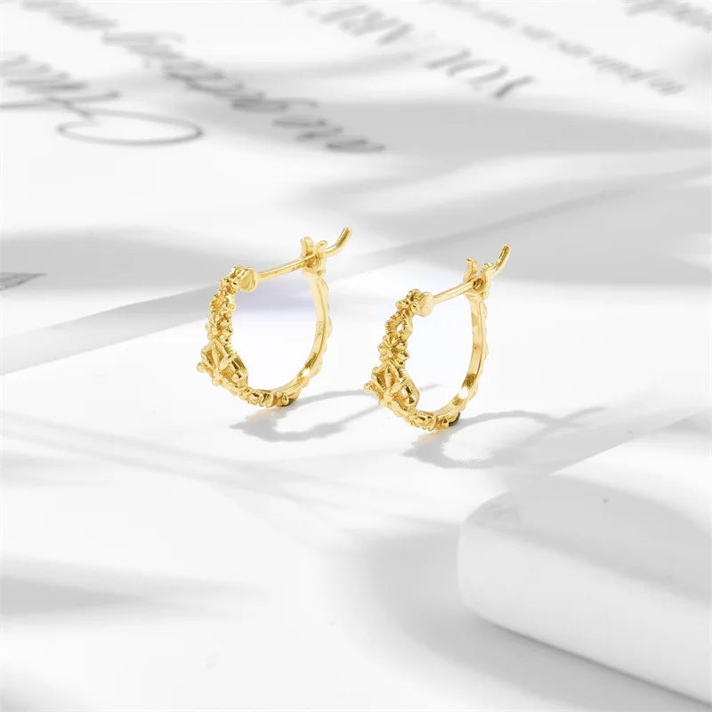 Emotional Factory 925 Sterling Silver 14K Gold Plated Gemstone Hollow Vintage Cross Pentagram Sparkling Rays Hoop Earrings