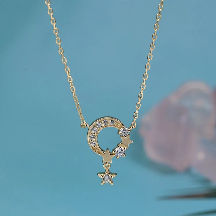 Emotional Factory 925 Sterling Silver 14K Gold Plated Gemstone Gypsophila Moon Star Zircon Necklace