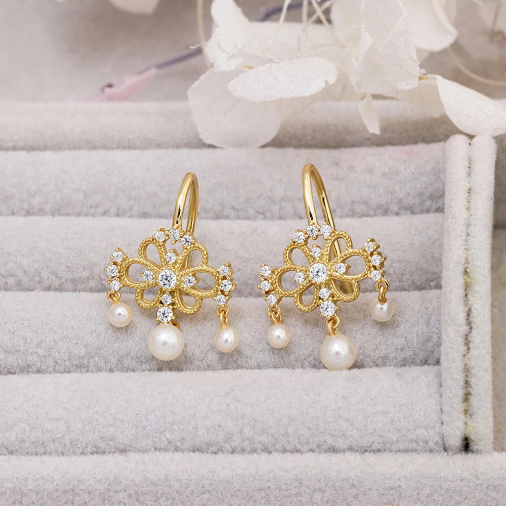 Emotional Factory 925 Sterling Silver 14K Gold Plated Gem Stone Gemstone Retro  Cz Zircon Ring Lucky Flower Pearl Earrings