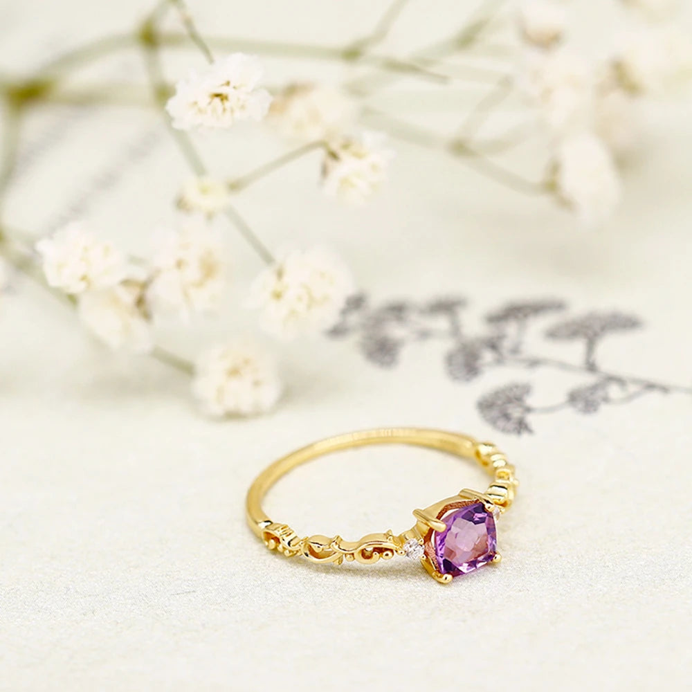 Factory 925 Sterling Silver 14K Gold Plated Gemstone Series 5Mm Square Stone Amethyst Court Flower Wispy White Zircon Ring