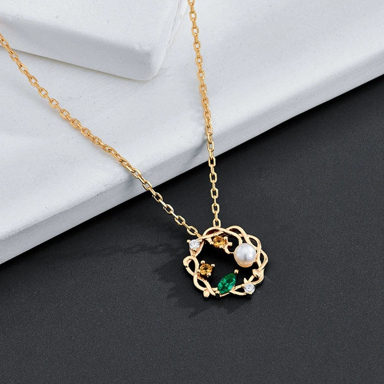 Emotional Factory 925 Sterling Silver 14K Gold Plated Gemstone Freshwater Pearl Crystal Round Necklace Flower Necklace
