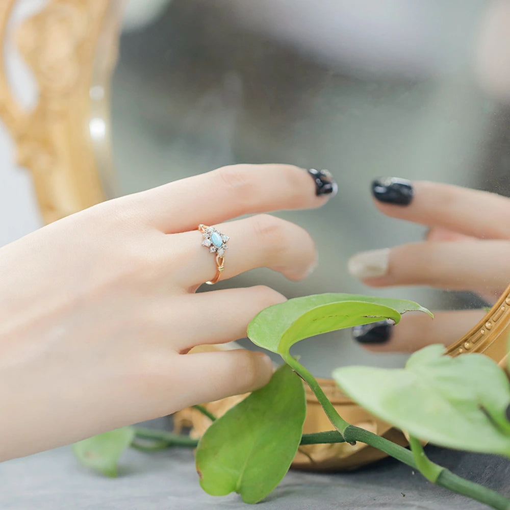 Gem Vintage Anemone Rhombus Natural Turquoise Opal Topaz Ring