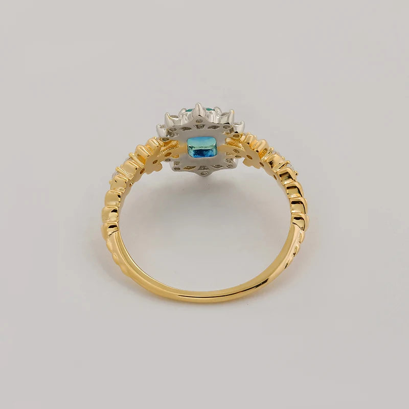 Japanese Light Luxury 14K Gold Plated Green Blue Glass White Zircon Stone Two Tone Silver Ring