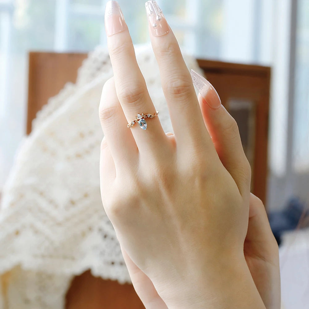 925 Sterling Silver 14K Gold Plated Gemstone Retro  Cz Zircon Crown Design Sky Blue Topaz Ring