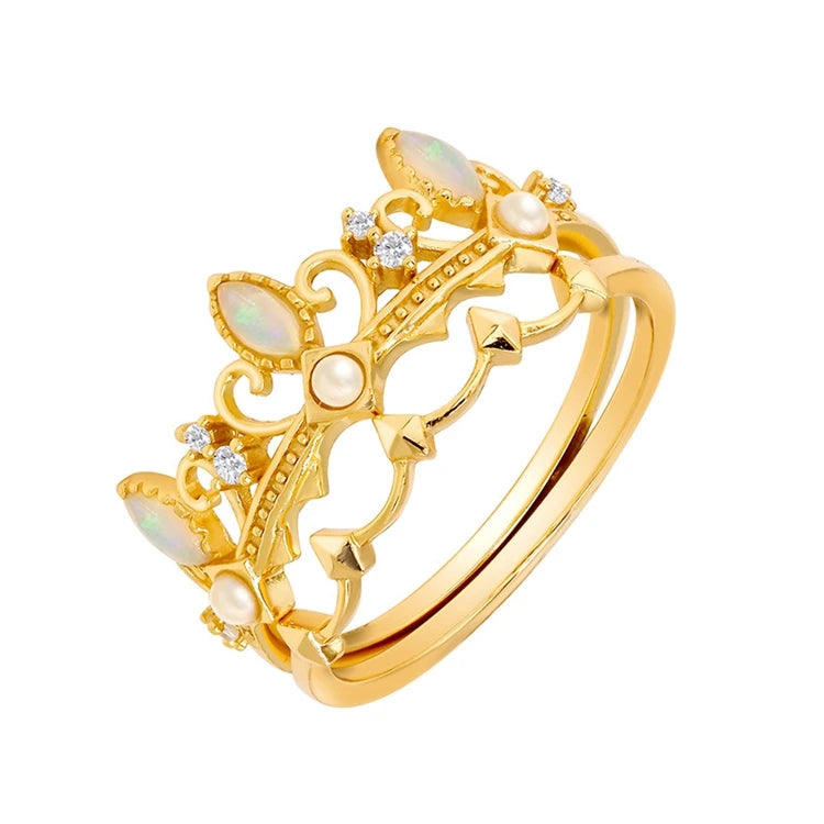 Emotional Factory 925 Sterling Silver 14K Gold Plated Gemstone Vintage Pearls Crown Opal Combination Ring