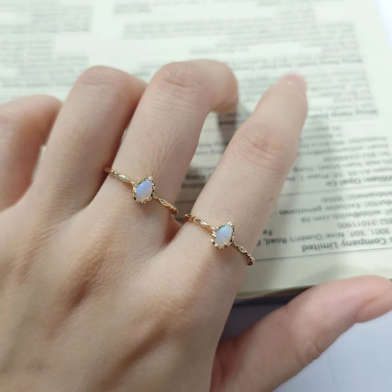 925 Sterling Silver 14K Gold Plated Gemstone Retro Natural Water Drops Australia Opal Temperament Ring