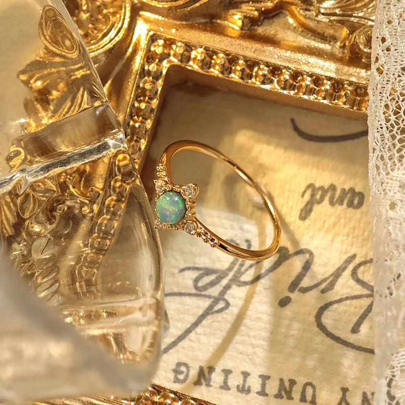 Emotional Factory 925 Sterling Silver 14K Gold Plated Gemstone Sun Sample Round Stone Vintage Fantasy Opal Ring