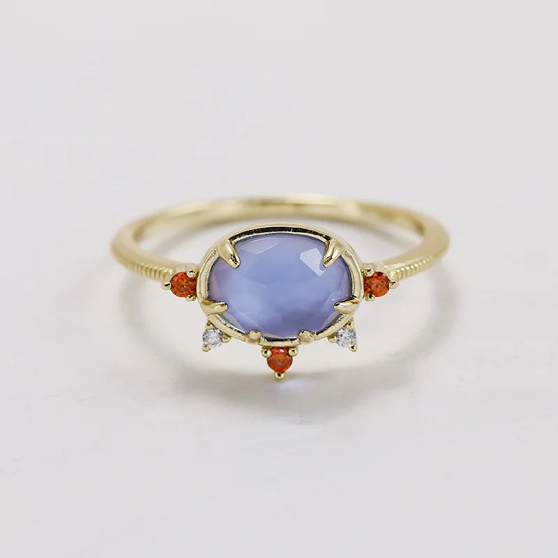 Emotional Factory 925 Sterling Silver 14K Gold Plated Gemstone Blue Glass Red Cz Zircon White Shell Ring