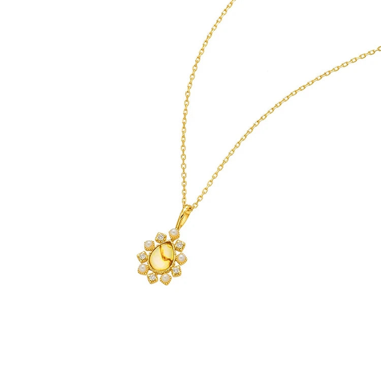 Emotional Factory 925 Sterling Silver 14K Gold Plated Gemstones Flowers Pendant Drop Amber Pendants Necklace