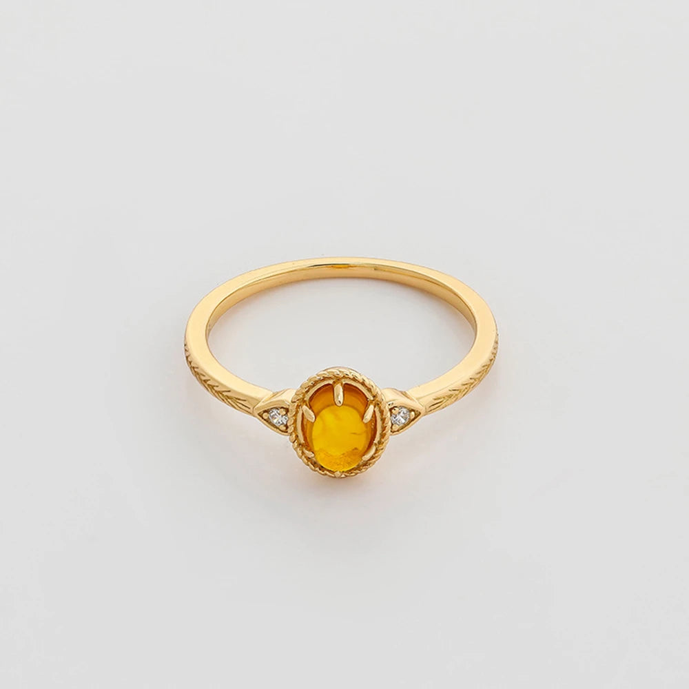 Emotional Factory 925 Sterling Silver 14K Gold Plated Gem Stone Gemstone Vintage Oval Amber Twig Rig Carved Zirconia Ring