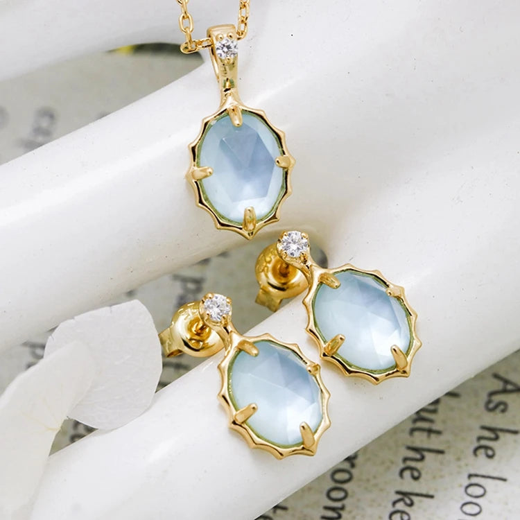 Factory 925 Sterling Silver 14K Gold Plated Gem Stone Gemstone Retro  Cz Zircon Round White Shell Sky Blue Glass Necklace