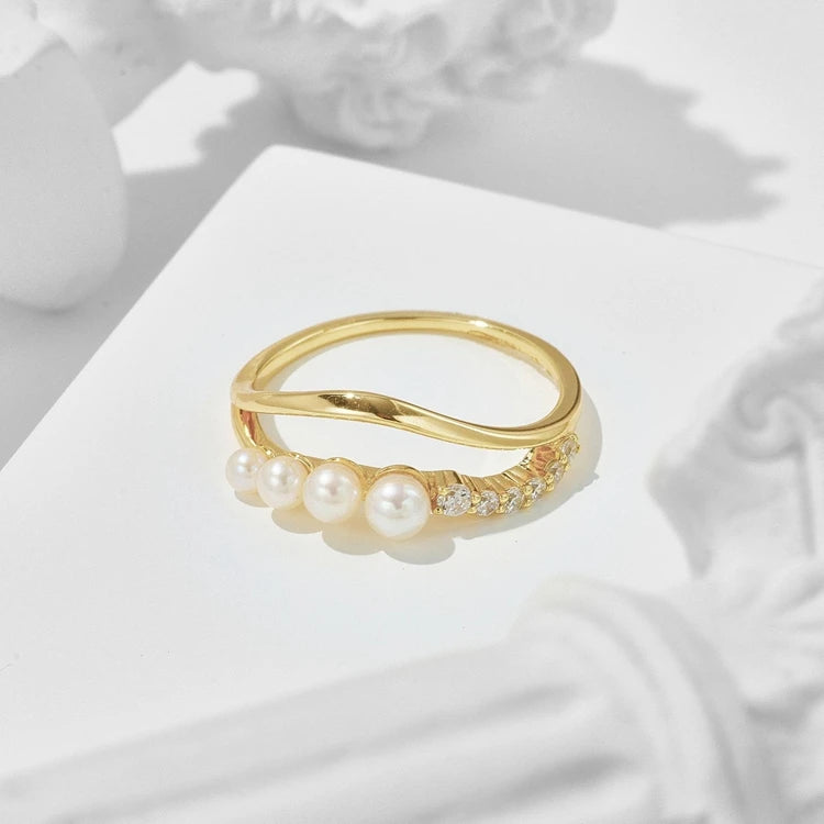 925 Sterling Silver 14K Gold Plated Gemstone White Zircon Double Natural Freshwater Pearls Ring