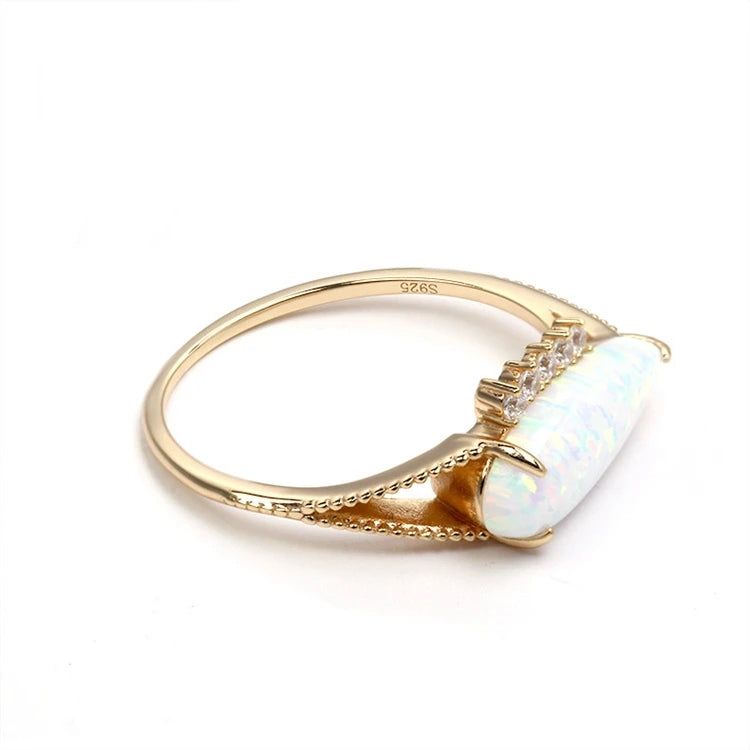 Emotional Factory 925 Sterling Silver 14K Gold Plated Gemstone Synthetic Artificial  Opal Long Boat Shaped Ring