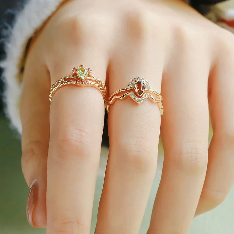 Emotional Factory 925 Sterling Silver 14K Plated Gemstone Retro Jewelry Cz Zircon Gold Smoky Quartz Ring Set