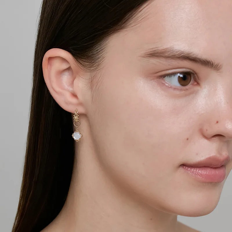 925 Sterling Silver 14K Gold Plated Gemstone Layered Stone Double Sided Wear Flower Natural Shell Rock White Crystal Pendant