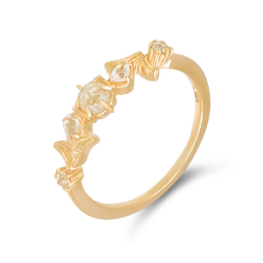 Emotional Factory 925 Sterling Silver 14K Gold Plated Gem Stone Gemstone Rose Flower White Topaz Rock Crystal Ring