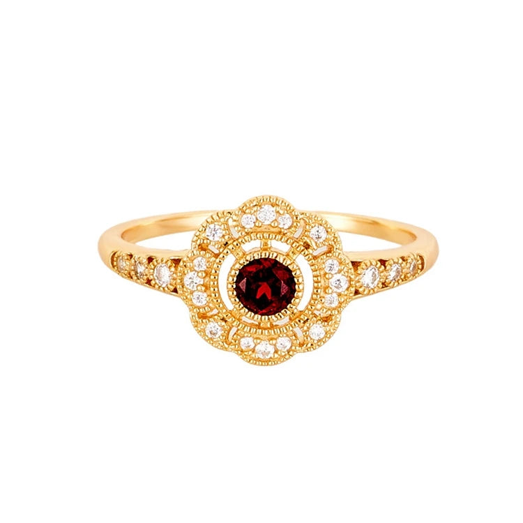 Emotional Factory 925 Sterling Silver 14K Gold Plated Gemstone Evil Eyes Red Garnet Flower Ring