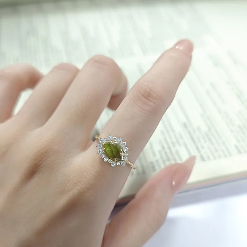 Emotional Factory 925 Sterling Silver 14K Gold Plated Gemstone Cz Zircon Peridot Glass Necklace Green Quartz Ring