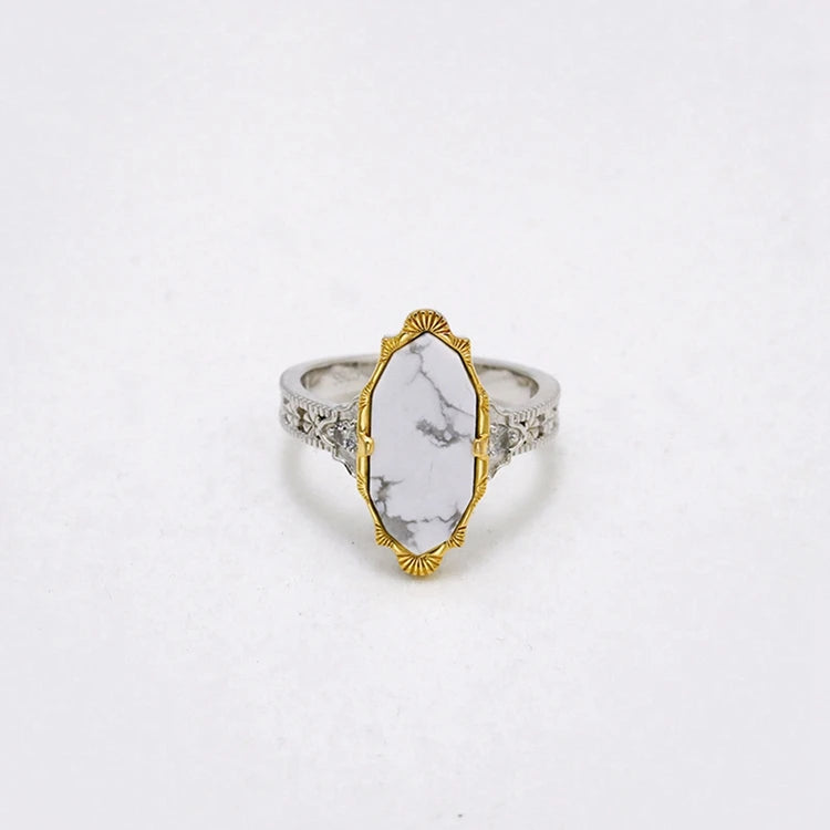 Emotional Factory 925 Sterling Silver 14K Gold Plated Gem Stone Gemstone Retro  Cz Zircon Labradorite White Turquoise Ring