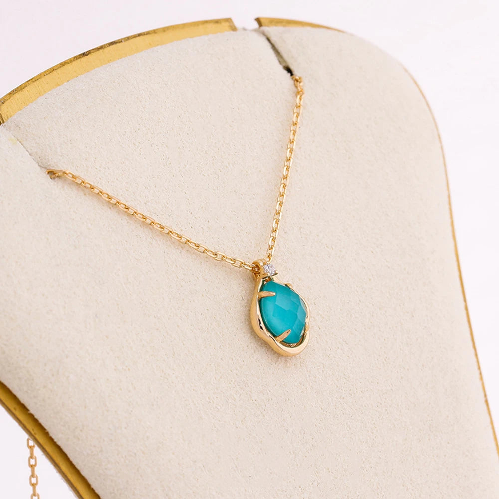 925 Sterling Silver 14K Gold Plated Gem Stone Gemstone Cz Zircon Turquoise Natural White Rock Crystal Necklace
