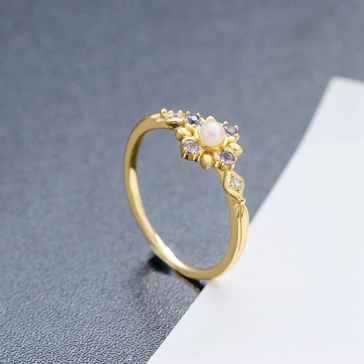 Emotional Factory 925 Sterling Silver 14K Gold Plated Gemstones Flower Rainbow Pearl Tanzanite Stone Ring