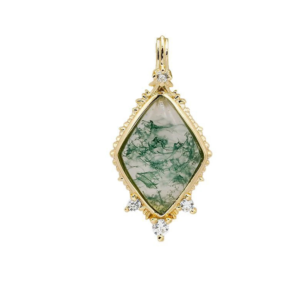 Emotional Factory 925 Sterling Silver 14K Gold Plated Gemstone Middle Ages Vintage Style Geometric Rhombus Moss Agate Pendant
