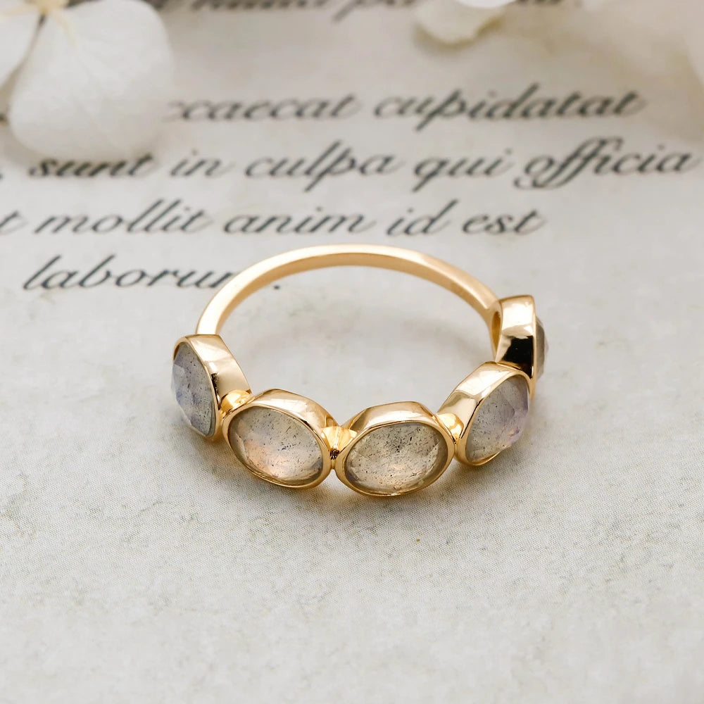 925 Sterling Silver 14K Gold Plated Gemstone 5 Stone Retro Vintage Irregular Natural Labradorite Ring