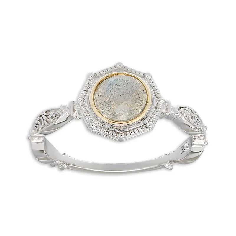 Emotional Bijoux Factory 925 Sterling Silver 14K Gold Plated Gemstone Retro Fashion Geometric Circle Labradorite Ring