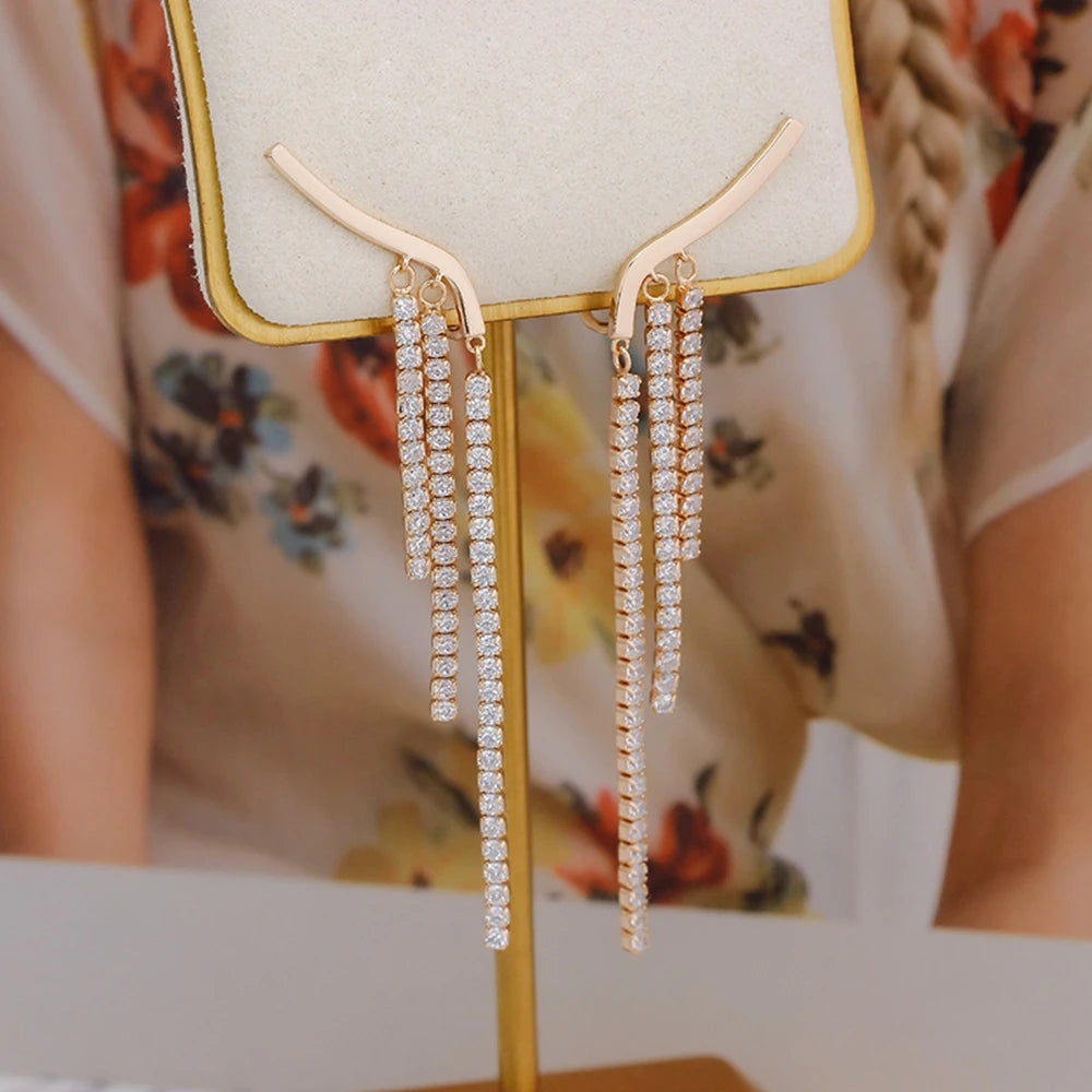 Emotional Factory 925 Sterling Silver 14K Gold Plated White Cz Zircon Tassels Tennis Chain Ear Clips Stud Pendant Earrings