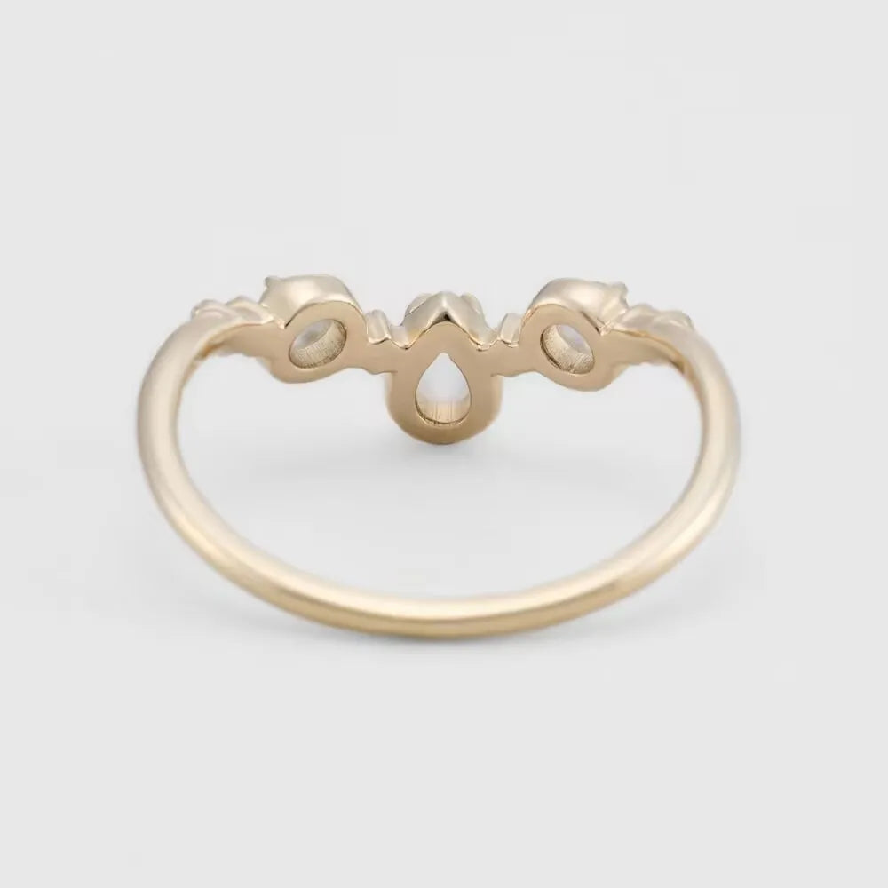 Factory Custom 925 Sterling Silver 14K Gold Plated Gemstone Round Drop White Moonstone V Shaped Ring